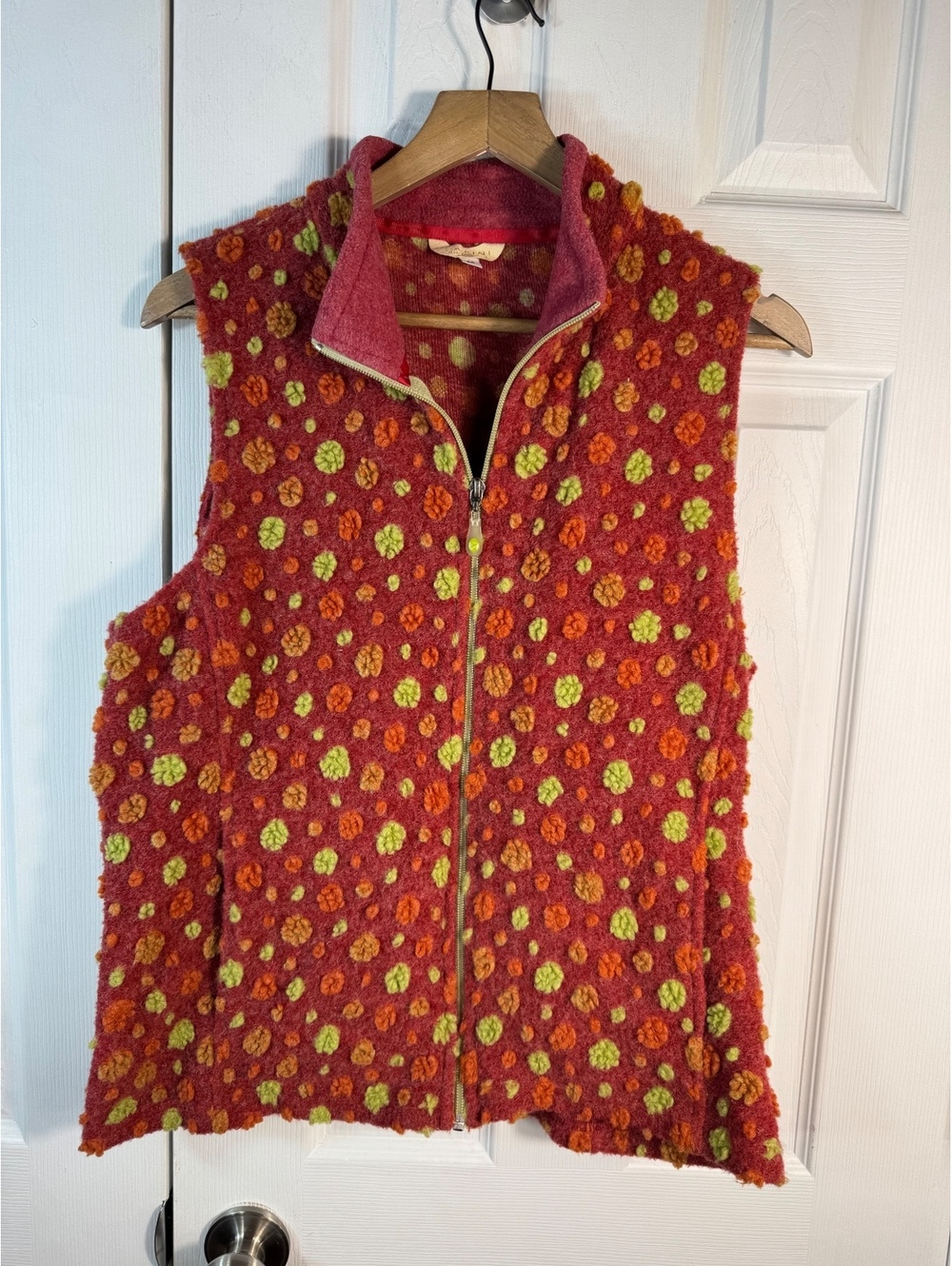 Dakini Women's Medium Red Fuzzy Zip-Up Vest with Orange and Green Polka Dots